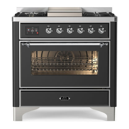ILVE Majestic II 36 inch Triple Glass Door Natural Gas Dual Fuel Range Chrome Graphite Matte