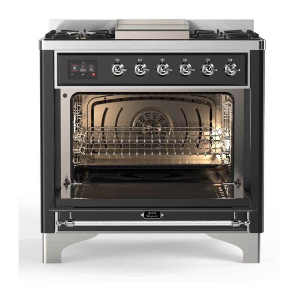 ILVE Majestic II 36 inch Triple Glass Door Natural Gas Dual Fuel Range Chrome Graphite Matte