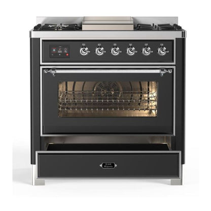 ILVE Majestic II 36 inch Triple Glass Door Natural Gas Dual Fuel Range Chrome Graphite Matte