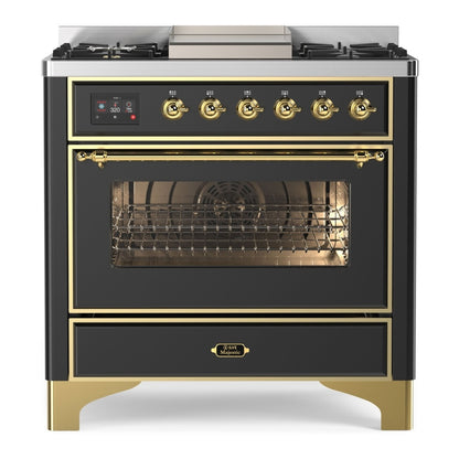 ILVE Majestic II 36 inch Triple Glass Door Natural Gas Dual Fuel Range Brass Graphite Matte