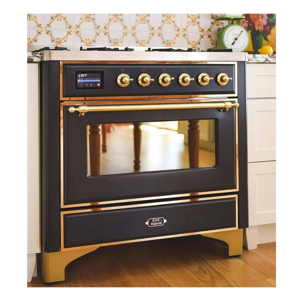 ILVE Majestic II 36 inch Triple Glass Door Natural Gas Dual Fuel Range Brass Graphite Matte