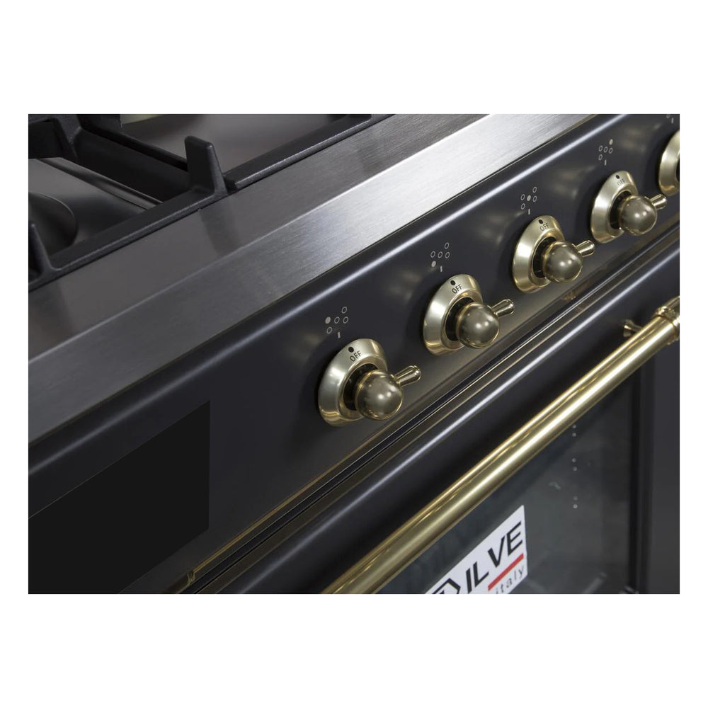 ILVE Majestic II 36 inch Triple Glass Door Natural Gas Dual Fuel Range Brass Graphite Matte