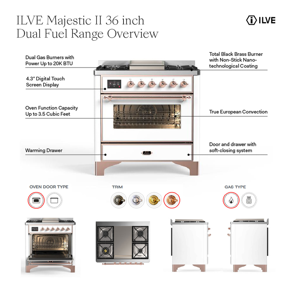 ILVE Majestic II 36" RAL Dual Fuel Range with 6 Burners and Griddle Triple Glass Door Liquid Propane