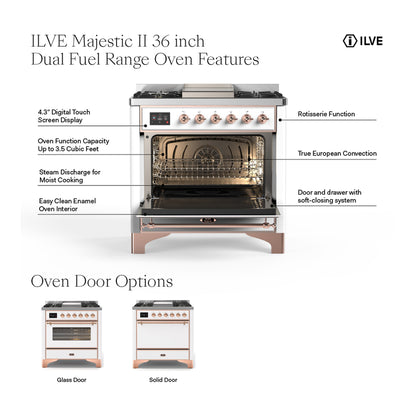ILVE Majestic II 36" RAL Dual Fuel Range with 6 Burners and Griddle Triple Glass Door Liquid Propane
