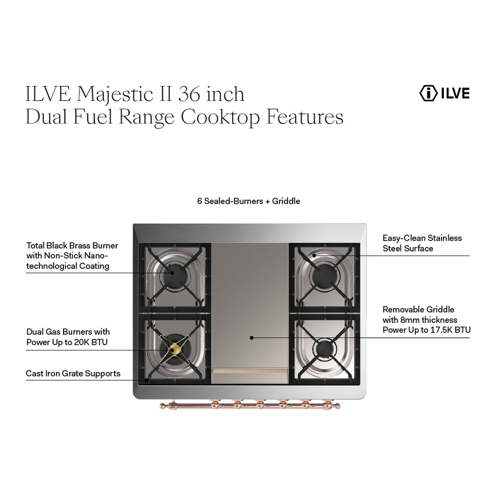 ILVE Majestic II 36" RAL Dual Fuel Range with 6 Burners and Griddle Triple Glass Door Liquid Propane