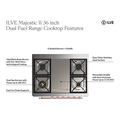 ILVE Majestic II 36" RAL Dual Fuel Range with 6 Burners and Griddle Triple Glass Door Liquid Propane