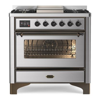ILVE Majestic II 36" Stainless Steel Dual Fuel Range with 6 Burners and Griddle Triple Glass Door Liquid Propane