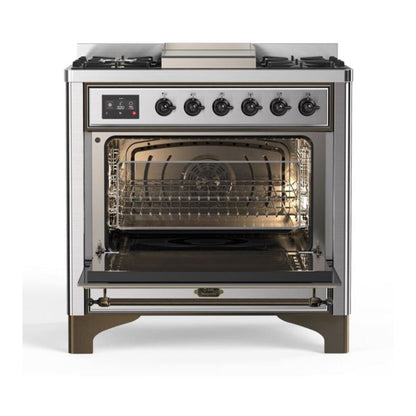 ILVE Majestic II 36" Stainless Steel Dual Fuel Range with 6 Burners and Griddle Triple Glass Door Liquid Propane