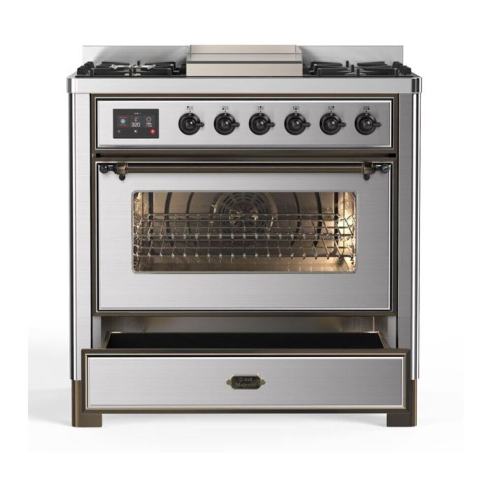 ILVE Majestic II 36" Stainless Steel Dual Fuel Range with 6 Burners and Griddle Triple Glass Door Liquid Propane