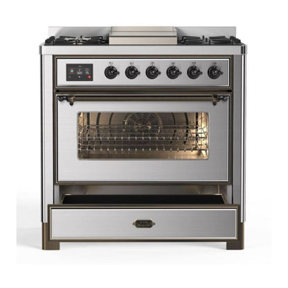 ILVE Majestic II 36" Stainless Steel Dual Fuel Range with 6 Burners and Griddle Triple Glass Door Liquid Propane