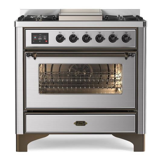 ILVE Majestic II 36" Stainless Steel Dual Fuel Range with 6 Burners and Griddle Triple Glass Door Natural Gas