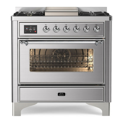ILVE Majestic II 36" Stainless Steel Dual Fuel Range with 6 Burners and Griddle Triple Glass Door Liquid Propane