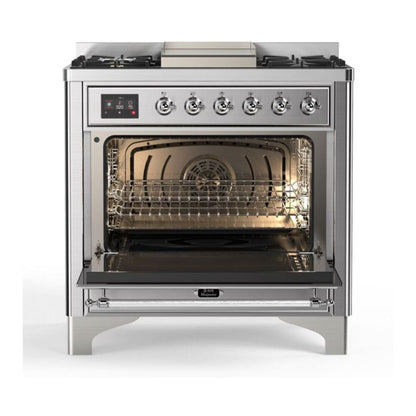 ILVE Majestic II 36 inch Triple Glass Door Natural Gas Dual Fuel Range Chrome Stainless Steel