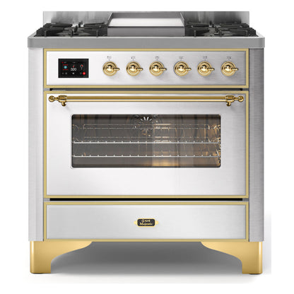 ILVE Majestic II 36" Stainless Steel Dual Fuel Range with 6 Burners and Griddle Triple Glass Door Liquid Propane