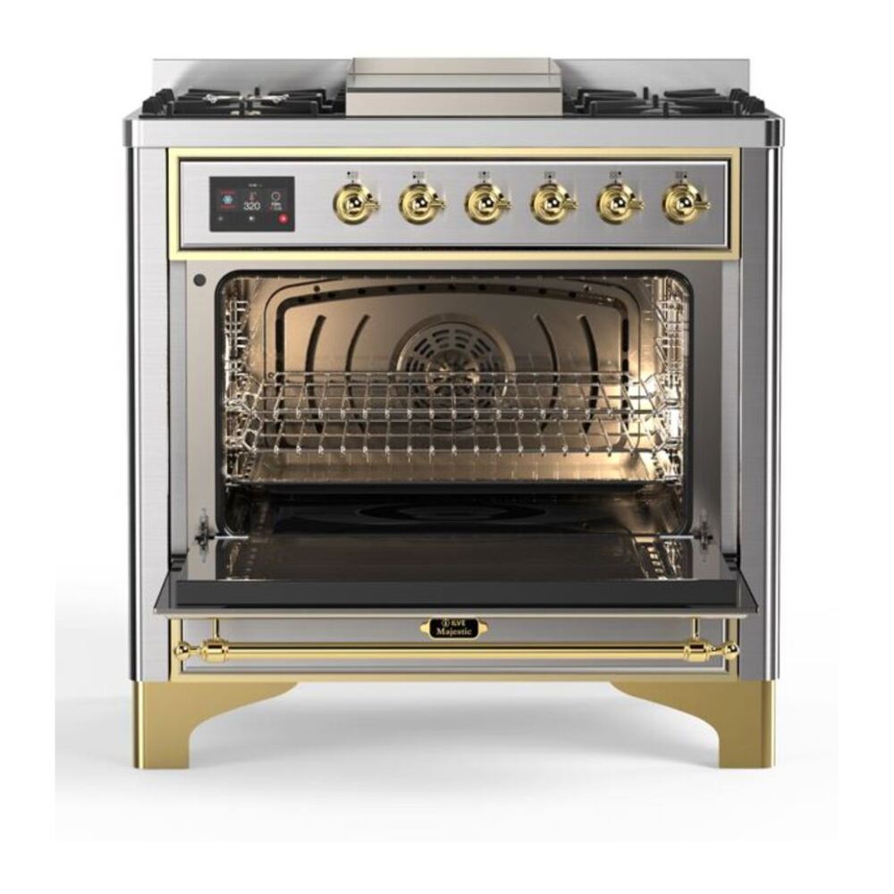 ILVE Majestic II 36 inch Triple Glass Door Natural Gas Dual Fuel Range Brass Stainless Steel