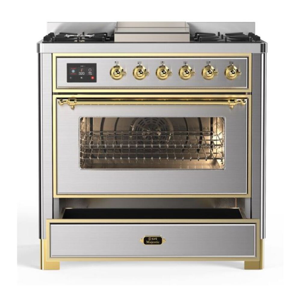 ILVE Majestic II 36 inch Triple Glass Door Natural Gas Dual Fuel Range Brass Stainless Steel