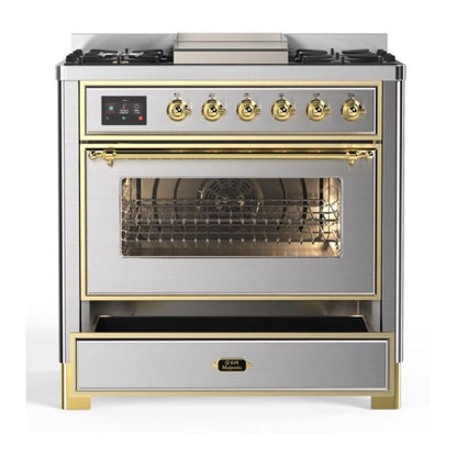 ILVE Majestic II 36 inch Triple Glass Door Natural Gas Dual Fuel Range Brass Stainless Steel