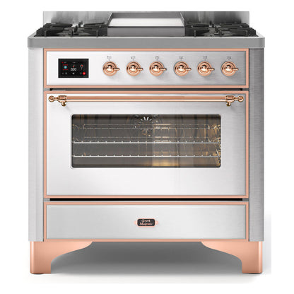 ILVE Majestic II 36" Stainless Steel Dual Fuel Range with 6 Burners and Griddle Triple Glass Door Liquid Propane