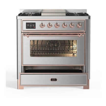 ILVE Majestic II 36 inch Triple Glass Door Natural Gas Dual Fuel Range Copper Stainless Steel
