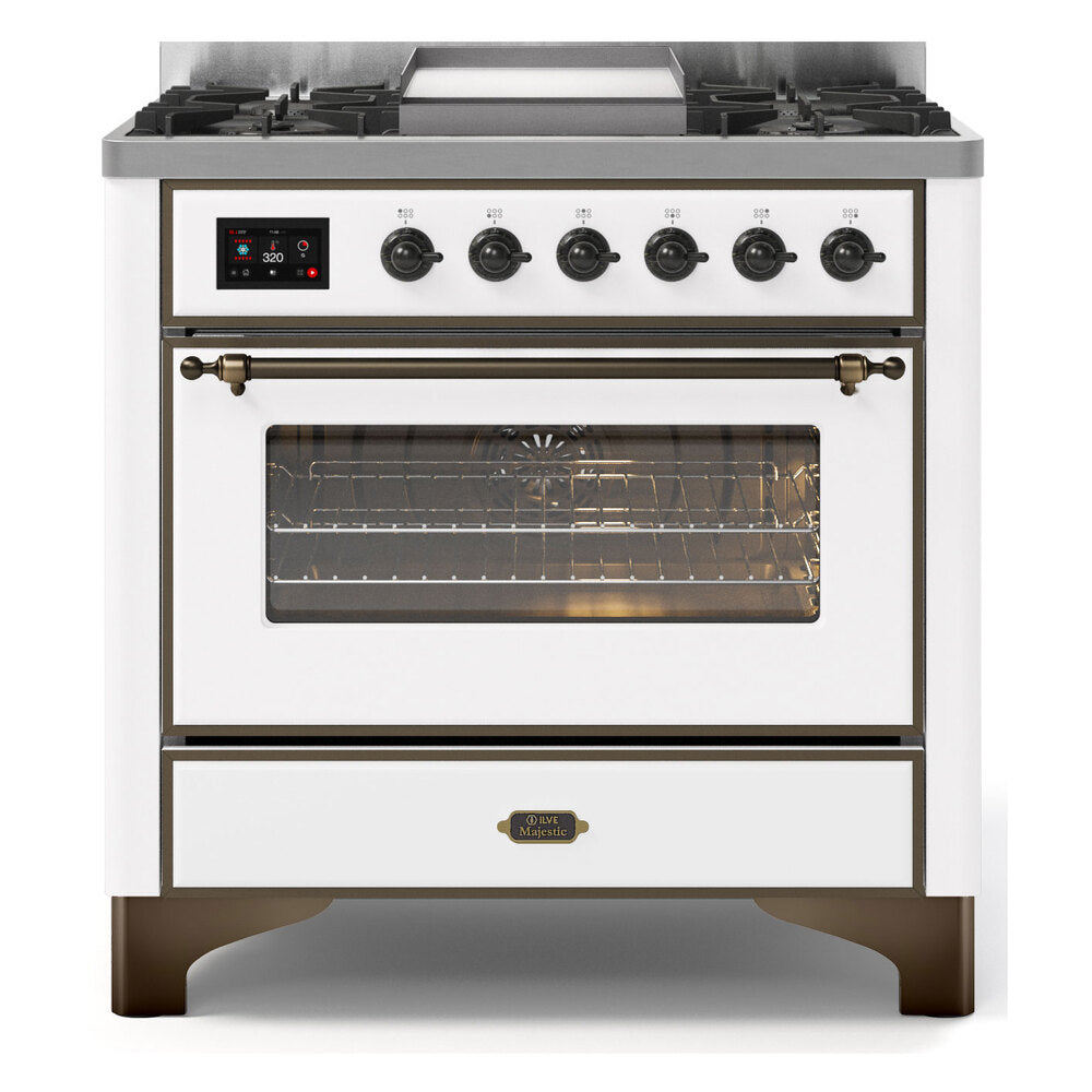 ILVE Majestic II 36 inch Triple Glass Door Natural Gas Dual Fuel Range Burnished White