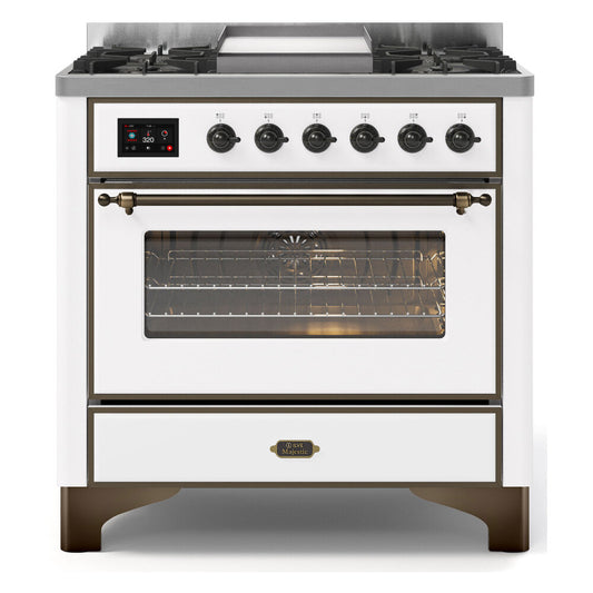 ILVE Majestic II 36" White Dual Fuel Range with 6 Burners and Griddle Triple Glass Door Natural Gas