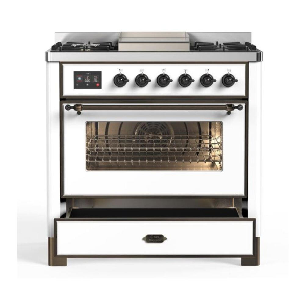 ILVE Majestic II 36 inch Triple Glass Door Natural Gas Dual Fuel Range Burnished White