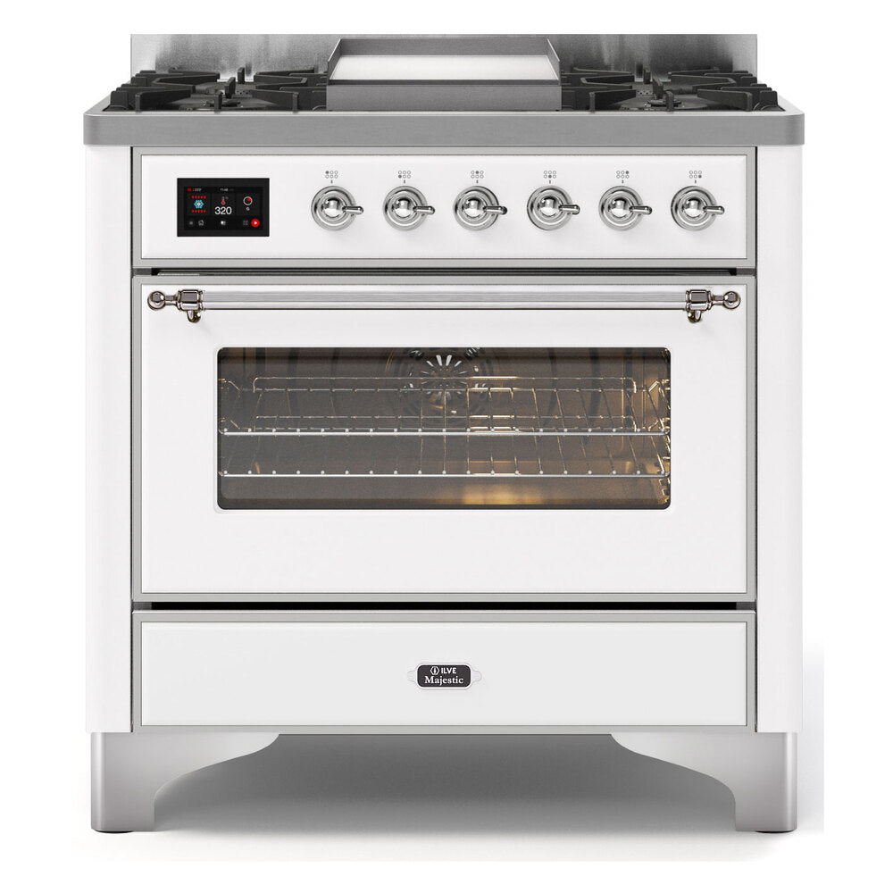 ILVE Majestic II 36 inch Triple Glass Door Natural Gas Dual Fuel Range Chrome White