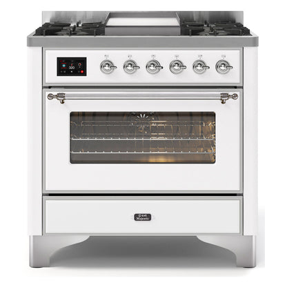 ILVE Majestic II 36 inch Triple Glass Door Natural Gas Dual Fuel Range Chrome White