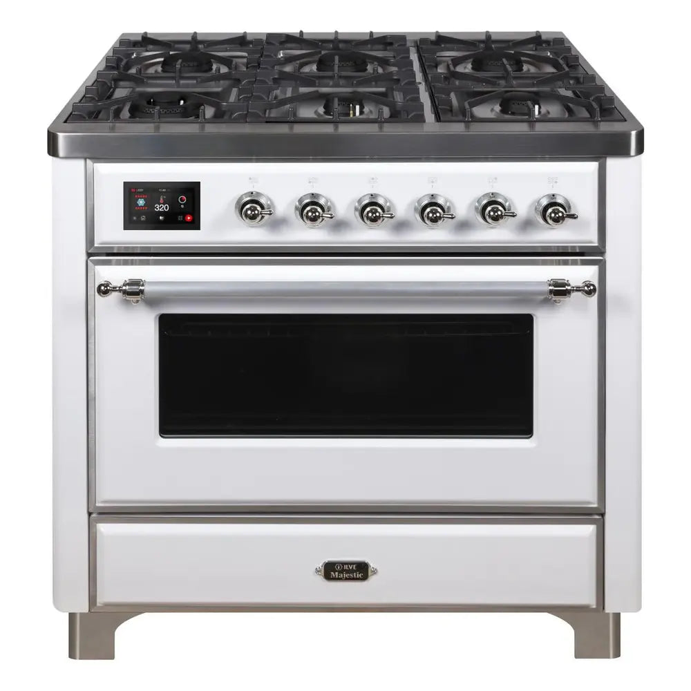 ILVE Majestic II 36 inch Triple Glass Door Natural Gas Dual Fuel Range Chrome White