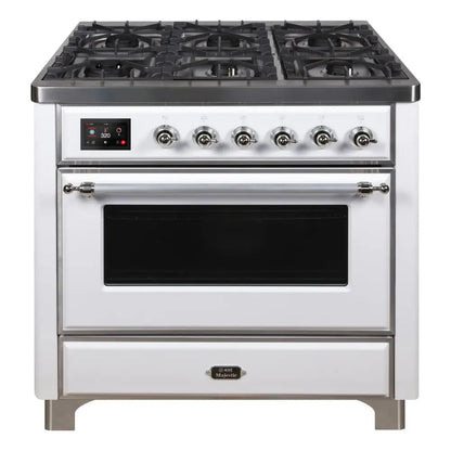ILVE Majestic II 36 inch Triple Glass Door Natural Gas Dual Fuel Range Chrome White