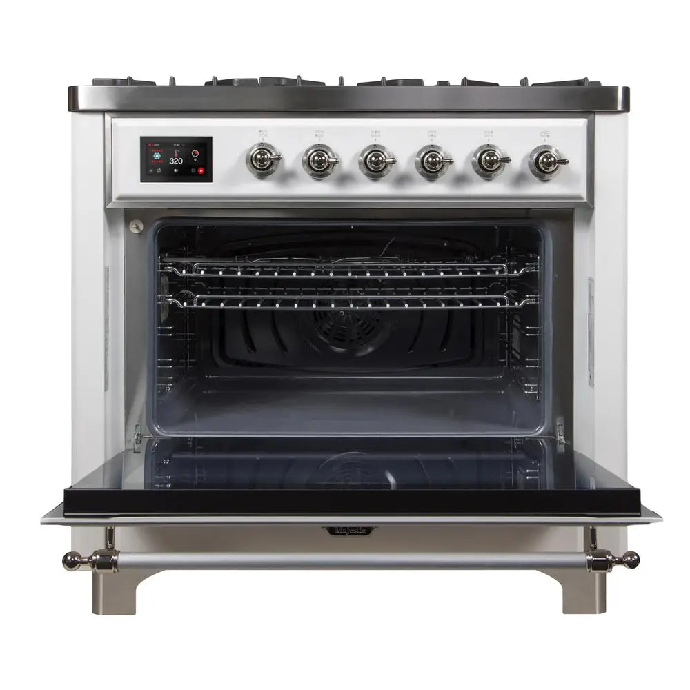 ILVE Majestic II 36 inch Triple Glass Door Natural Gas Dual Fuel Range Chrome White