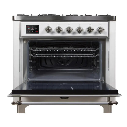 ILVE Majestic II 36 inch Triple Glass Door Natural Gas Dual Fuel Range Chrome White