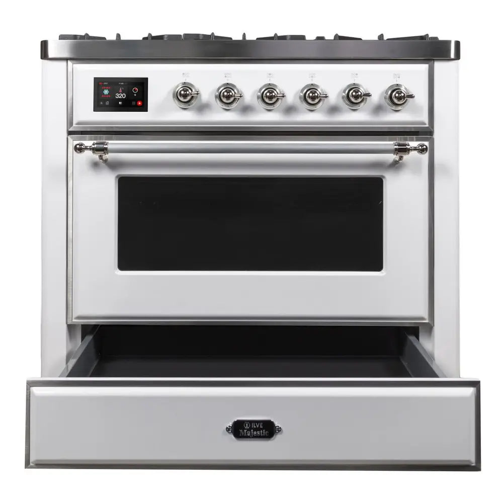 ILVE Majestic II 36 inch Triple Glass Door Natural Gas Dual Fuel Range Chrome White