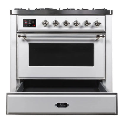 ILVE Majestic II 36 inch Triple Glass Door Natural Gas Dual Fuel Range Chrome White