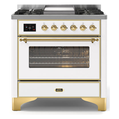 ILVE Majestic II 36 inch Triple Glass Door Natural Gas Dual Fuel Range Brass White