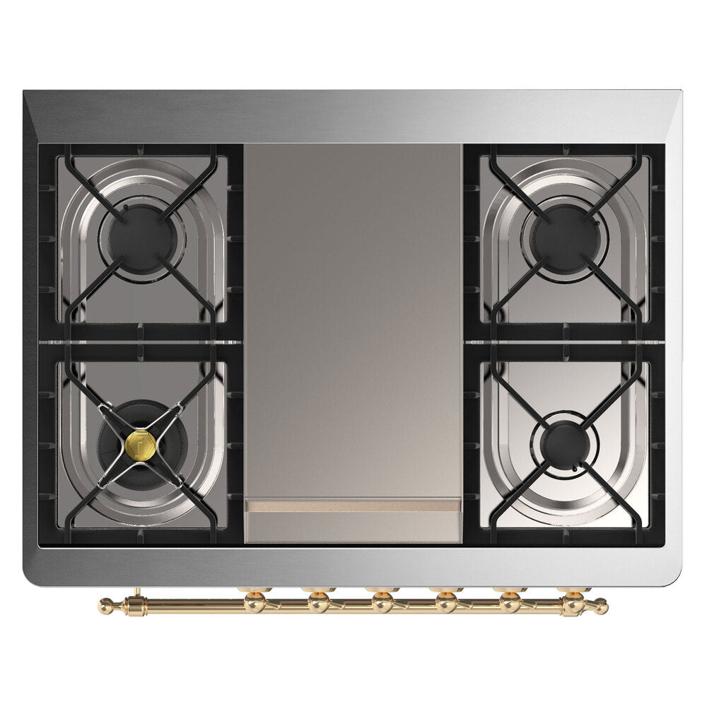 ILVE Majestic II 36 inch Triple Glass Door Natural Gas Dual Fuel Range Brass White