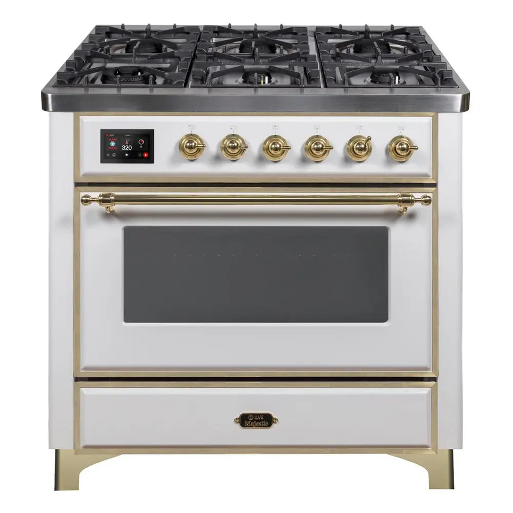 ILVE Majestic II 36 inch Triple Glass Door Natural Gas Dual Fuel Range Brass White