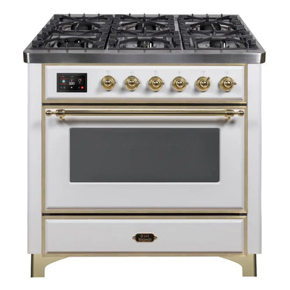 ILVE Majestic II 36 inch Triple Glass Door Natural Gas Dual Fuel Range Brass White