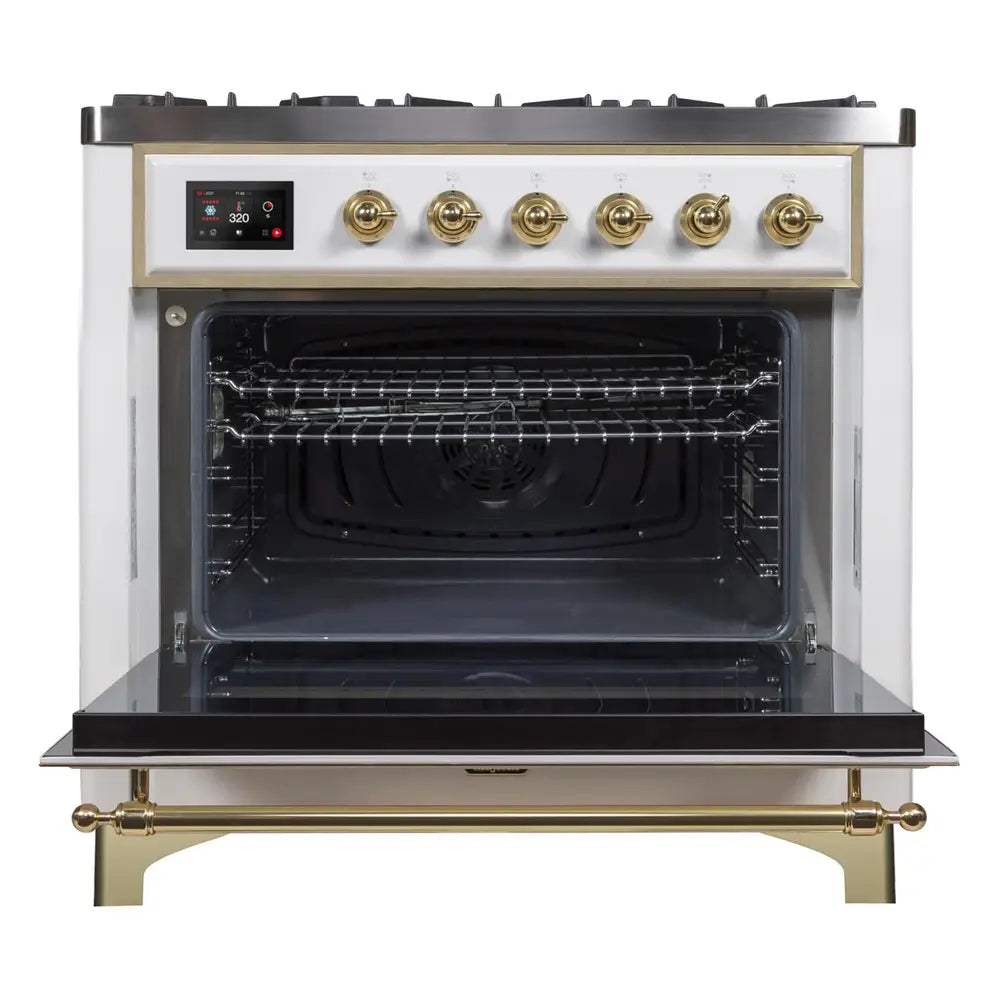 ILVE Majestic II 36 inch Triple Glass Door Natural Gas Dual Fuel Range Brass White