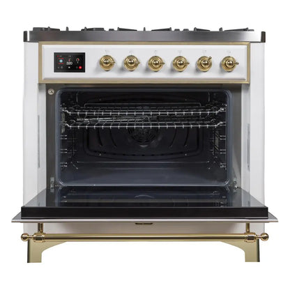 ILVE Majestic II 36 inch Triple Glass Door Natural Gas Dual Fuel Range Brass White