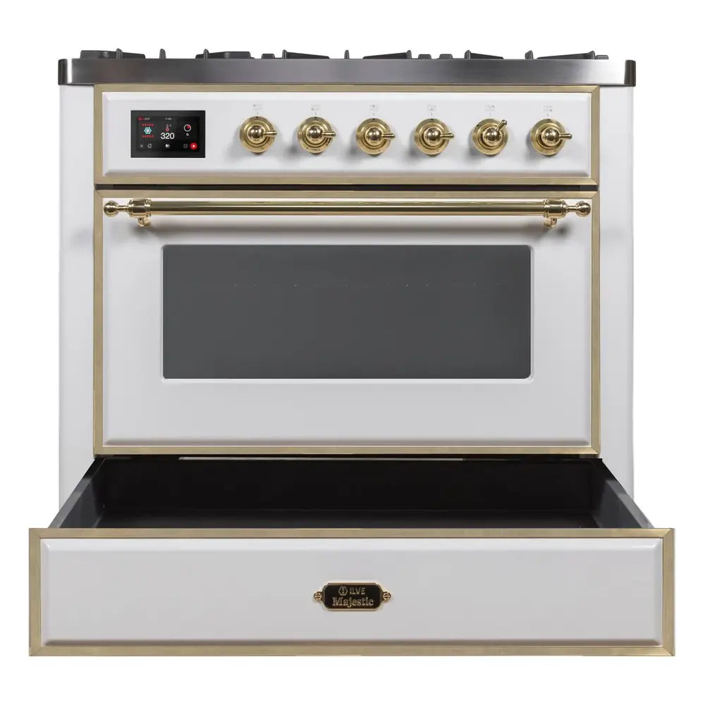 ILVE Majestic II 36 inch Triple Glass Door Natural Gas Dual Fuel Range Brass White