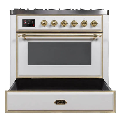 ILVE Majestic II 36 inch Triple Glass Door Natural Gas Dual Fuel Range Brass White