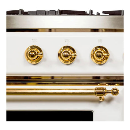 ILVE Majestic II 36 inch Triple Glass Door Natural Gas Dual Fuel Range Brass White