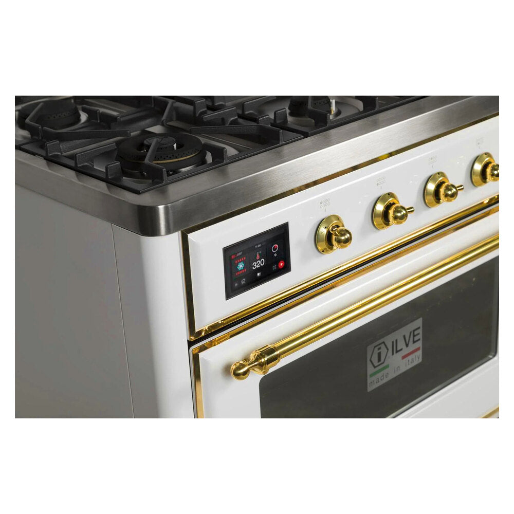 ILVE Majestic II 36 inch Triple Glass Door Natural Gas Dual Fuel Range Brass White