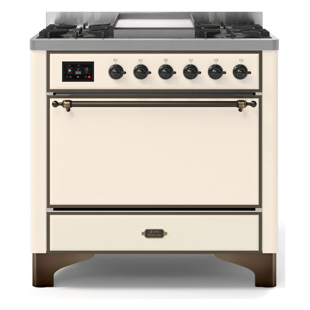 ILVE Majestic II 36 inch Solid Door Natural Gas Dual Fuel Range Burnished Antique White
