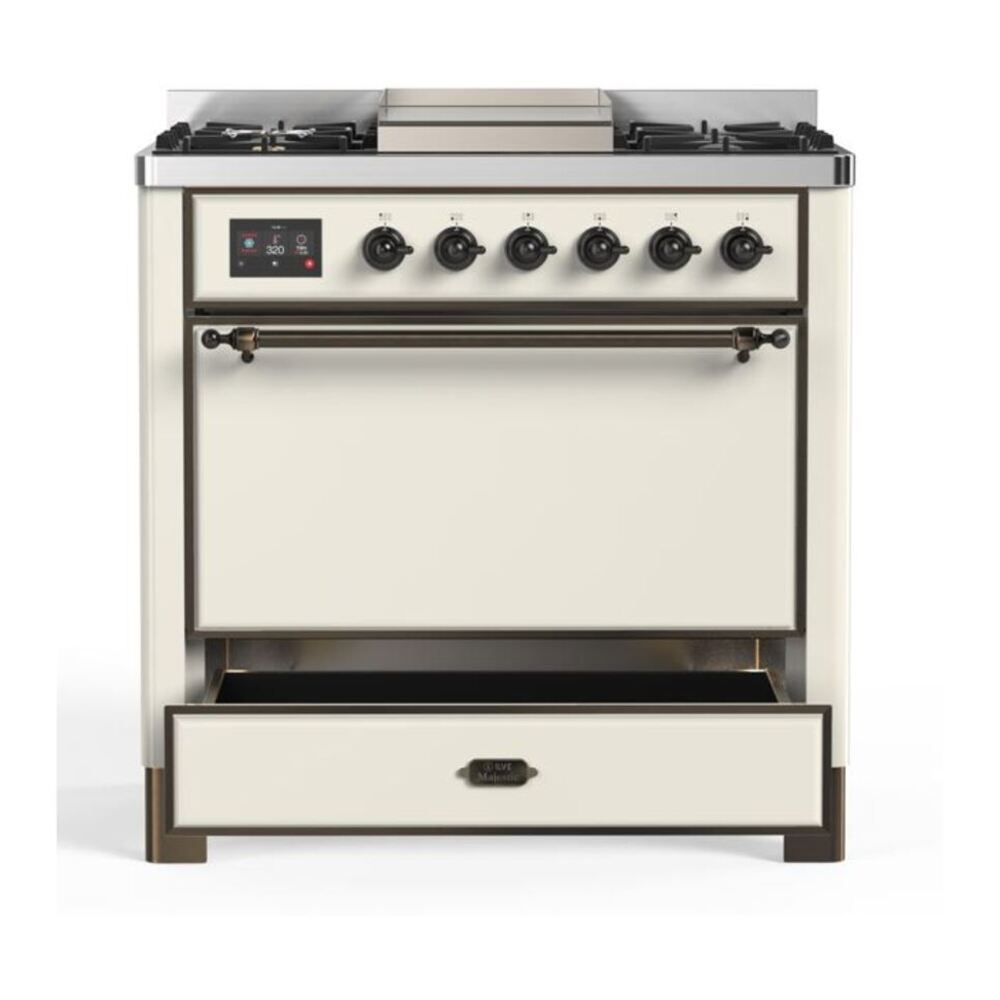 ILVE Majestic II 36 inch Solid Door Natural Gas Dual Fuel Range Burnished Antique White