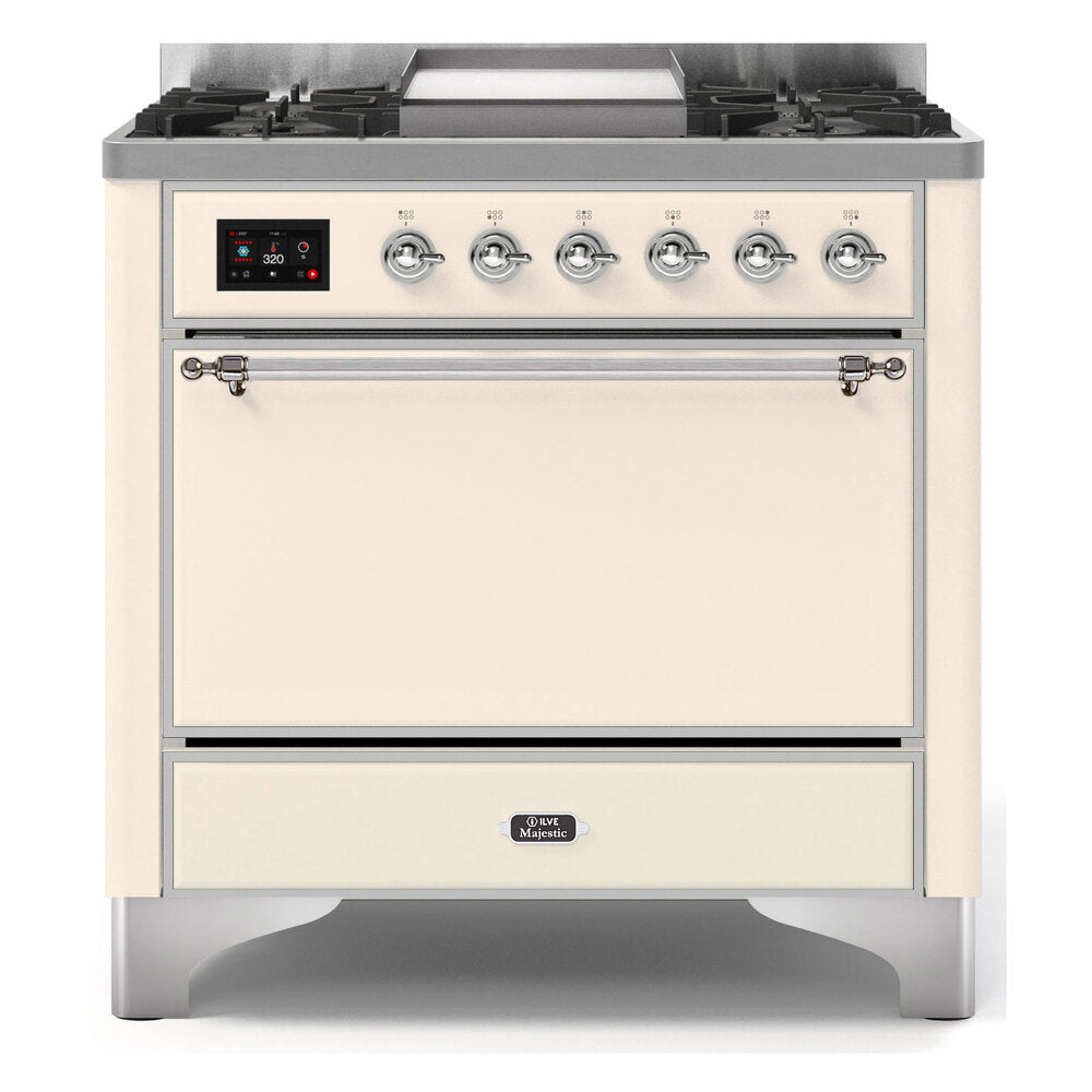 ILVE Majestic II 36 inch Solid Door Natural Gas Dual Fuel Range Chrome Antique White