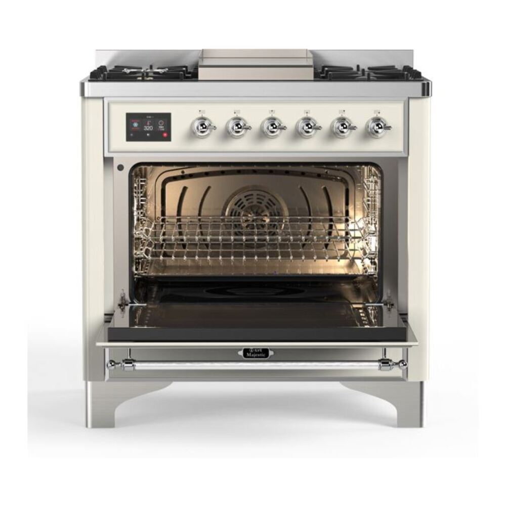 ILVE Majestic II 36 inch Solid Door Natural Gas Dual Fuel Range Chrome Antique White