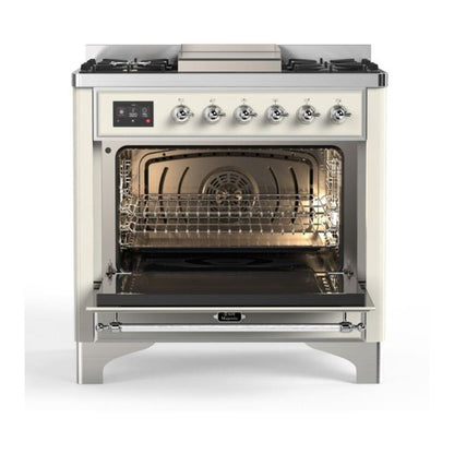 ILVE Majestic II 36 inch Solid Door Natural Gas Dual Fuel Range Chrome Antique White