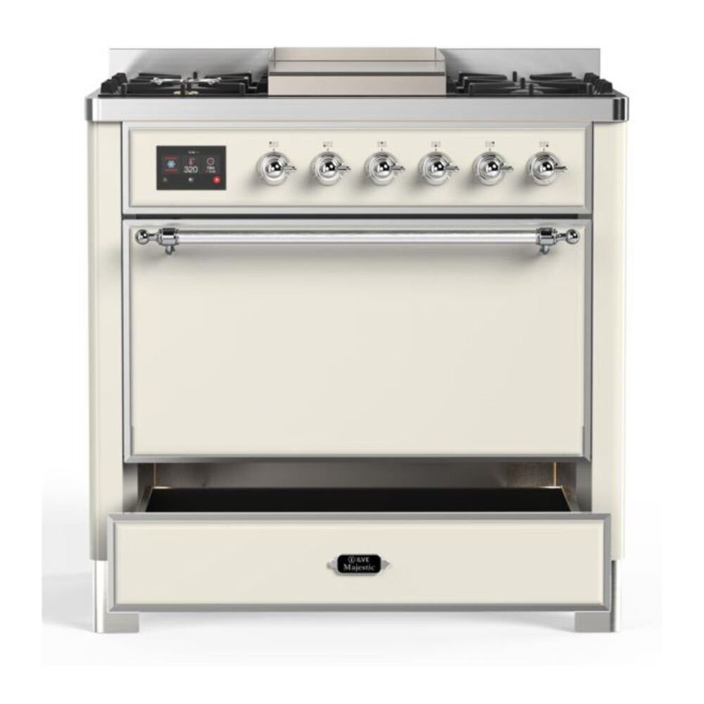 ILVE Majestic II 36 inch Solid Door Natural Gas Dual Fuel Range Chrome Antique White